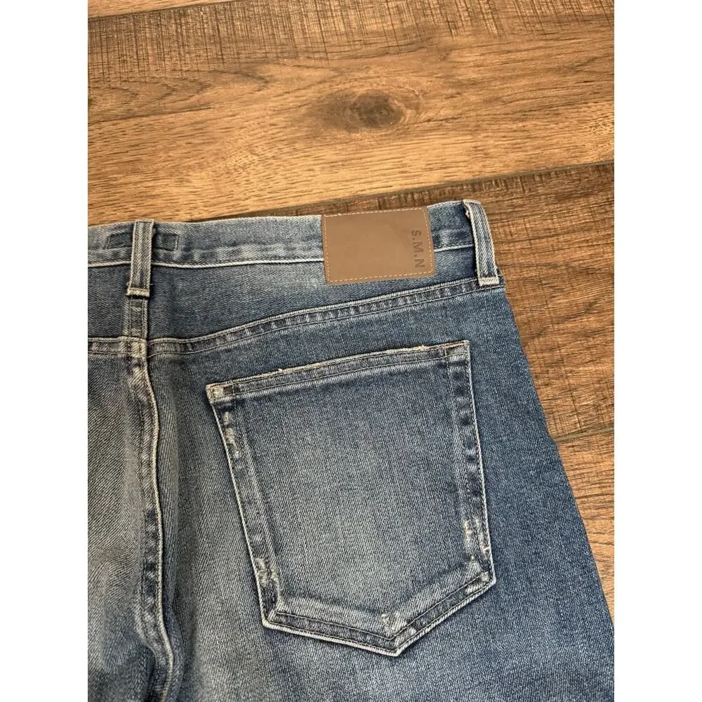 SMN USA Hunter Standard Slim Island Light Blue Distressed Denim Jeans Men 36x32